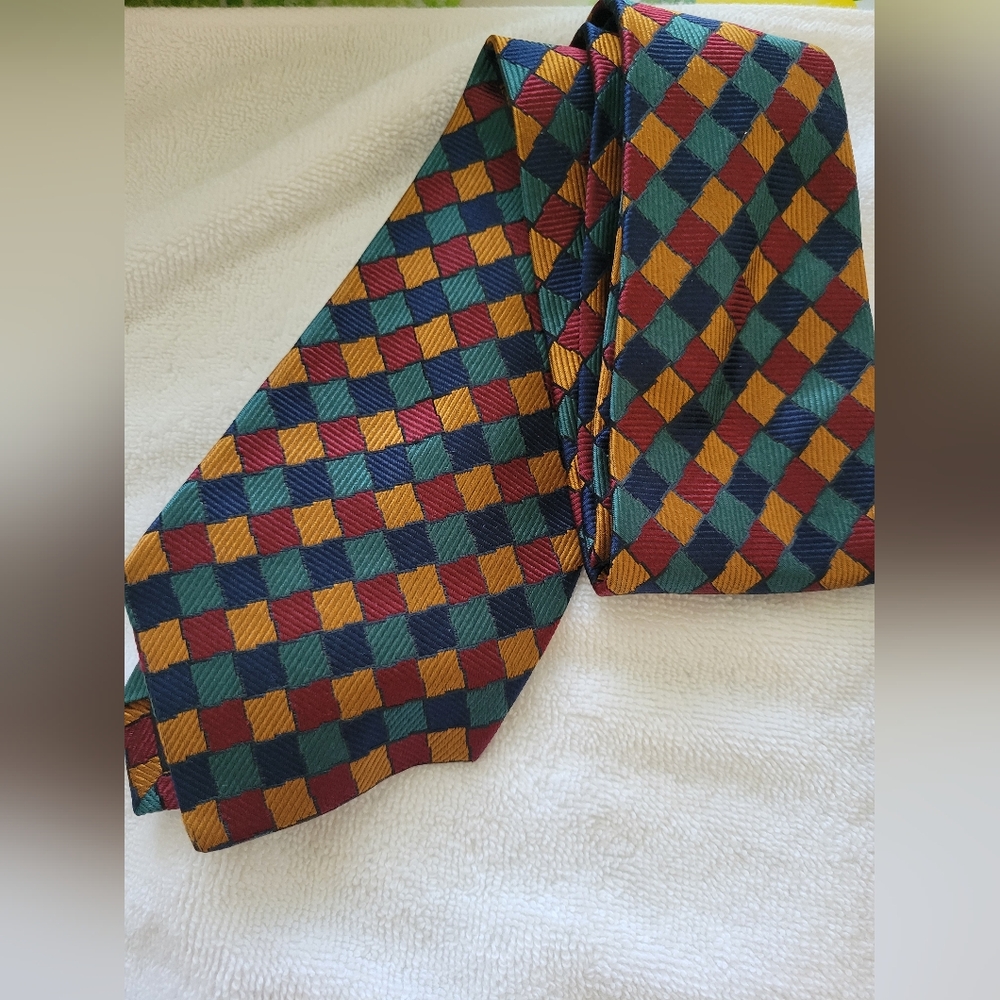 Lands End Elegant Checkered Tie in Blue, Red, and Yellow